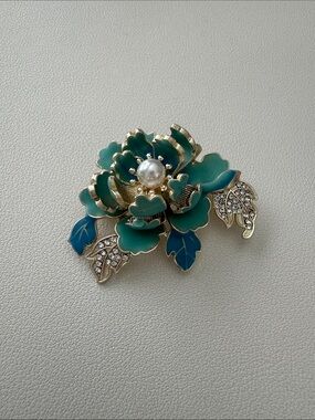 Silver and Blue Floral Pearl Brooch - Women Jewelry